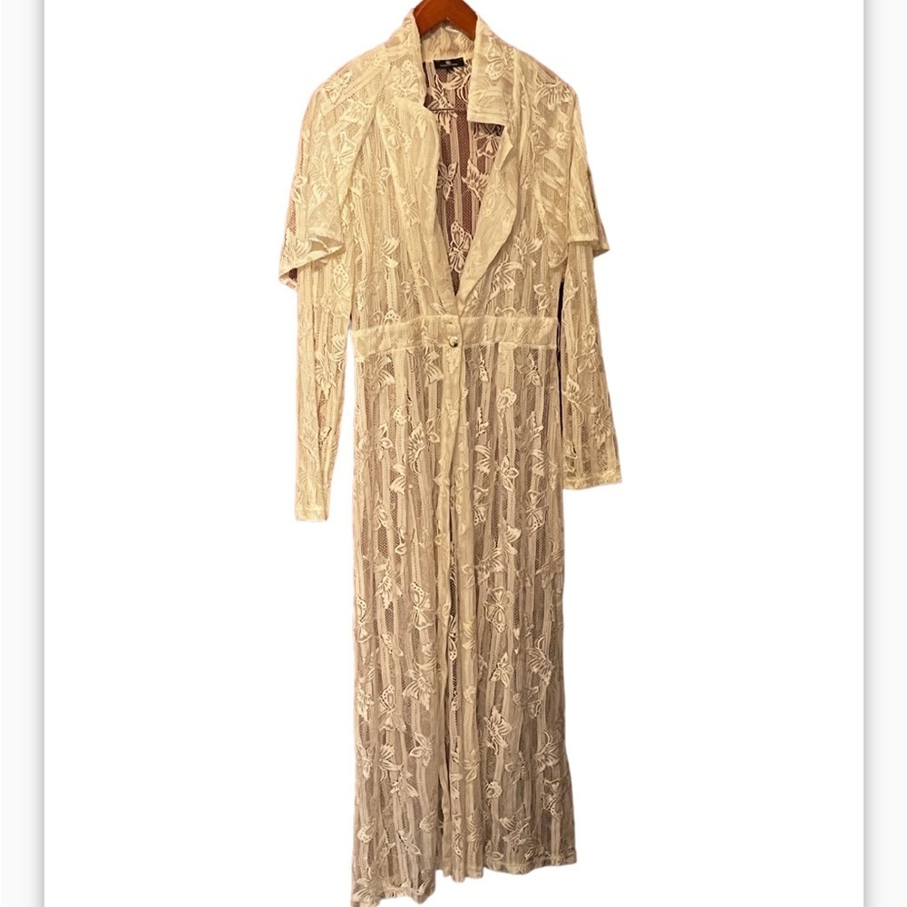 Valentine Cream See Thru Kimono Blouse Long Duster Sz L Women One Button - Picture 2 of 6